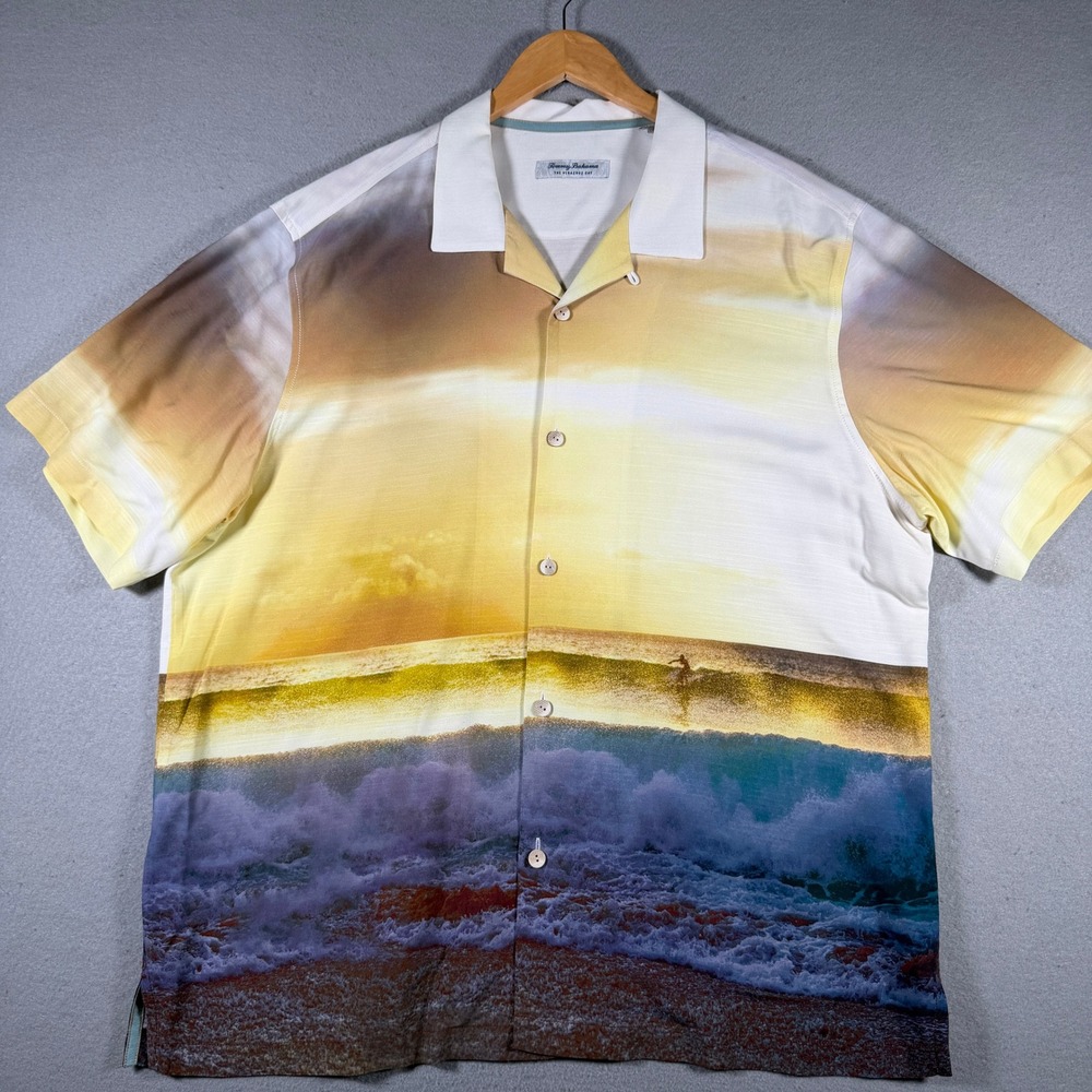 Tommy Bahama Veracruz Cay Mens XL Sunset Beach Wave Print Viscose Camp Shirt